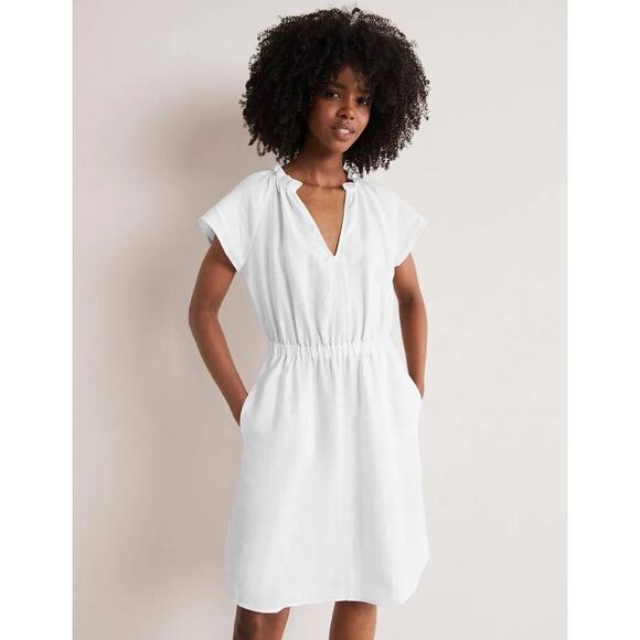 Boden White Linen Short Flutter Sleeve Dress Elastic Waist V Neck Womens Size 4 - Picture 12 of 12